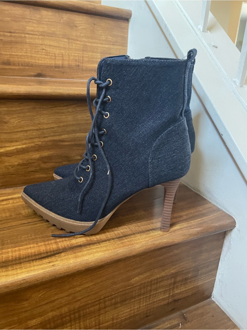 VENUS Navy Denim Lace-Up Ankle Bootie with Stacked Heel